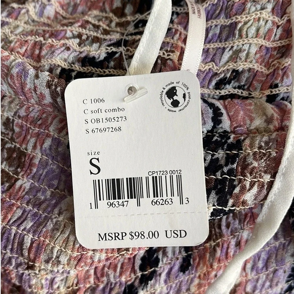 NWT Free People Floral‎ Smocked Puff Sleeve Crop Top Lavender Multi Size S